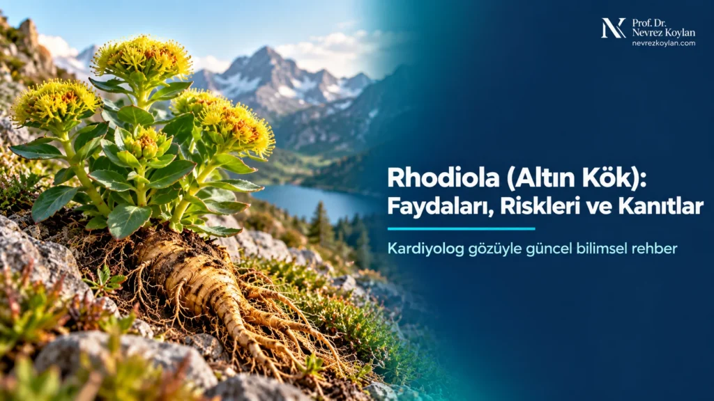 Rhodiola (altın kök) bitkisi ve altın renkli kökü ile “Rhodiola: Faydaları, Riskleri ve Kanıtlar” başlıklı kapak görseli