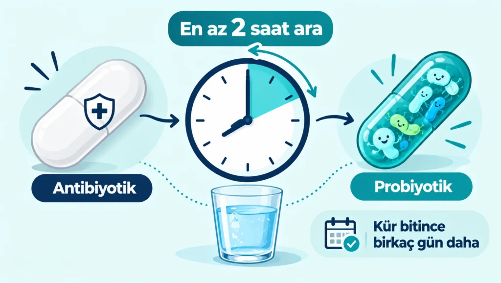 Antibiyotik ve probiyotik tabletlerinin en az iki saat arayla alınmasını gösteren saat ve ilaç illüstrasyonu