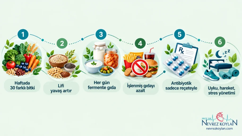 Bağırsak mikrobiyotasını desteklemek için haftada 30 farklı bitki, lif, fermente gıda, işlenmiş gıdayı azaltma, akılcı antibiyotik kullanımı ve uyku-hareket önerilerini gösteren 6 adımlı infografik