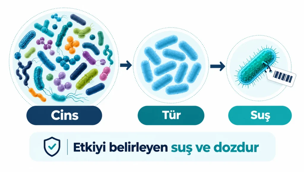 Probiyotiklerde cins, tür ve suş farkını basamaklar halinde gösteren infografik