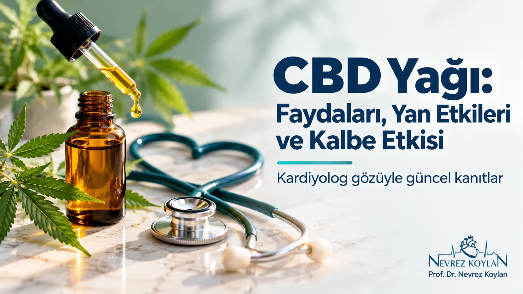 CBD yağı şişesi, kenevir yaprağı ve stetoskopla kalp sağlığı ile ilaç etkileşimlerini anlatan kapak görseli