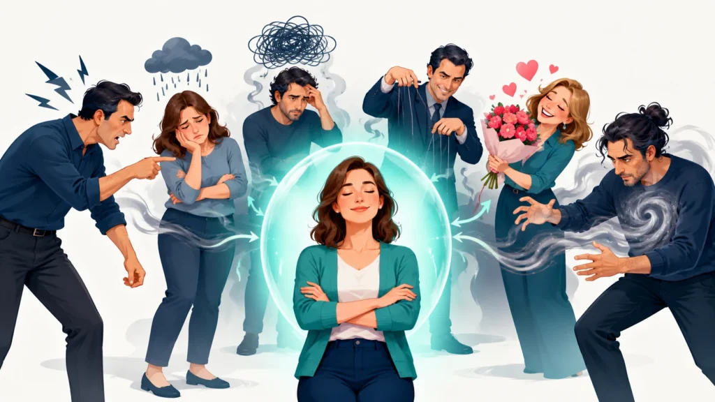 Ruh emici türleri: eleştirmen, kurban, kötümser, manipülatör, sahte iltifatçı ve enerji vampirini temsil eden altı figür