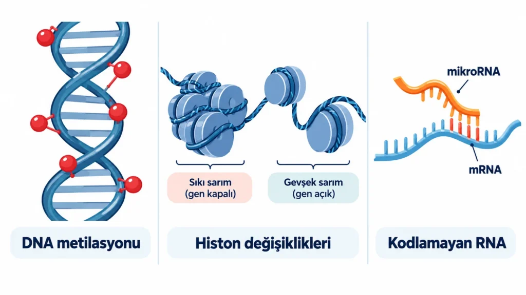 Epigenetik mekanizmalar: DNA metilasyonu, histon değişiklikleri ve kodlamayan RNA'ların genleri nasıl düzenlediğini gösteren illüstrasyon