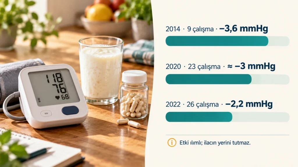 Probiyotik ve tansiyon: meta-analizlerde probiyotiklerin büyük tansiyonu ortalama 2–3 mmHg düşürdüğünü gösteren grafik