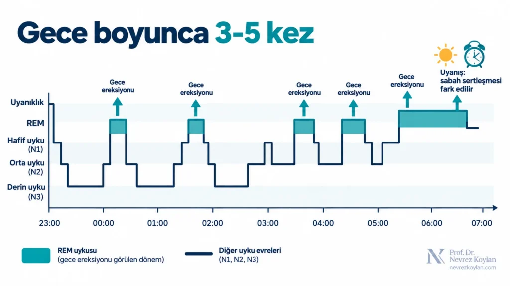 Gece boyunca REM uykusu dönemlerinde 3–5 kez oluşan gece ereksiyonlarını ve sabah uyanışta fark edilen sabah sertleşmesini gösteren infografik
