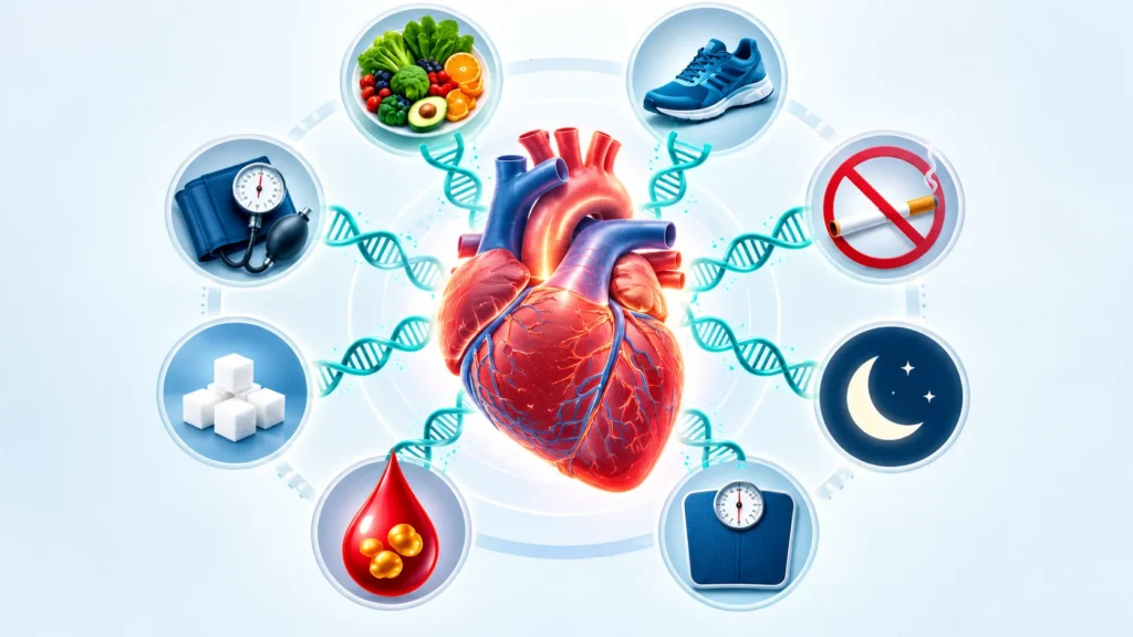 Kalbin çevresinde beslenme, egzersiz, uyku ve tansiyon gibi Life’s Essential 8 bileşenleri ile DNA metilasyonu bağlantısını gösteren görsel