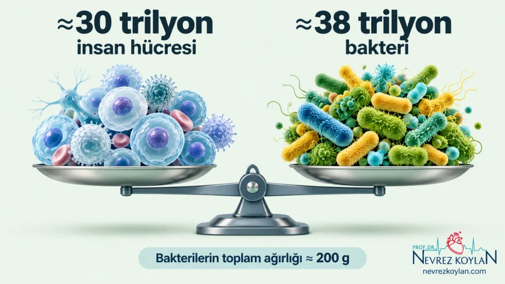 İnsan vücudunda yaklaşık 30 trilyon insan hücresi ve 38 trilyon bakteri bulunduğunu gösteren, oranın 1:1'e yakın olduğunu anlatan infografik