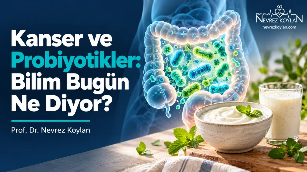 Kanser ve probiyotikler: bağırsak bakterilerini ve yoğurt kasesini gösteren kapak görseli – Prof. Dr. Nevrez Koylan