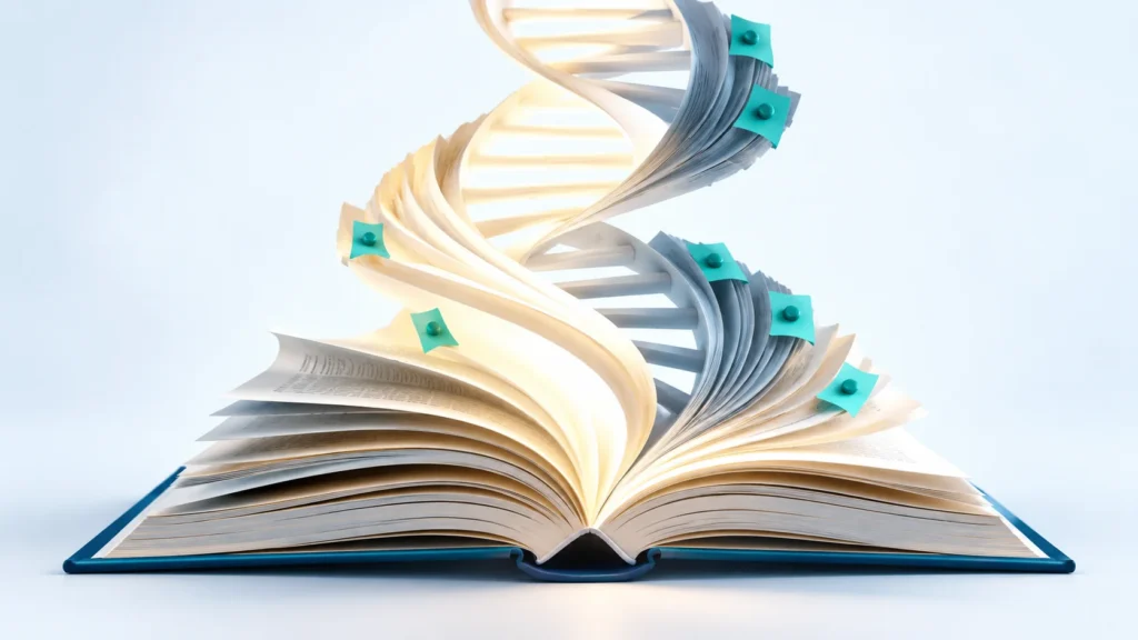 DNA metilasyonunun genleri açıp kapatmasını anlatan, yapışkan notlu tarif kitabı ve DNA sarmalı illüstrasyonu