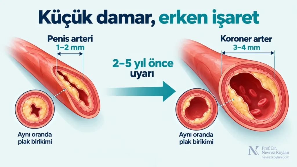 Penis arteri ile koroner arterin çap farkını ve aynı plak birikiminin ince damarda daha erken belirti verdiğini gösteren şematik illüstrasyon