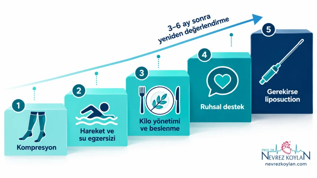 Lipödem tedavisi basamakları: kompresyon, egzersiz, kilo yönetimi, ruhsal destek ve gerektiğinde liposuction