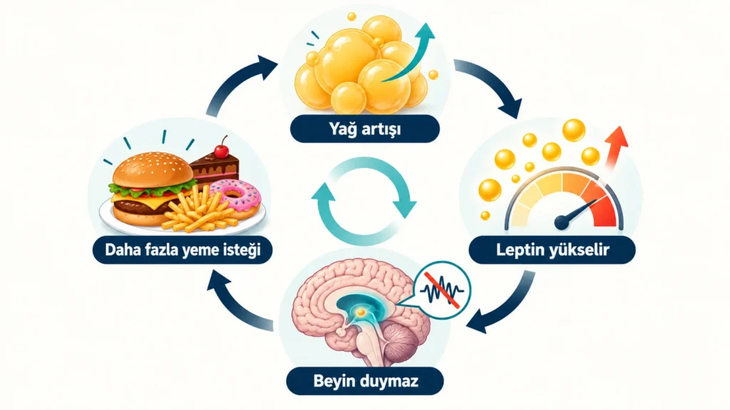 Leptin direnci kısır döngüsü: yağ artışı, yüksek leptin, beynin sinyali duymaması ve artan iştahı gösteren infografik