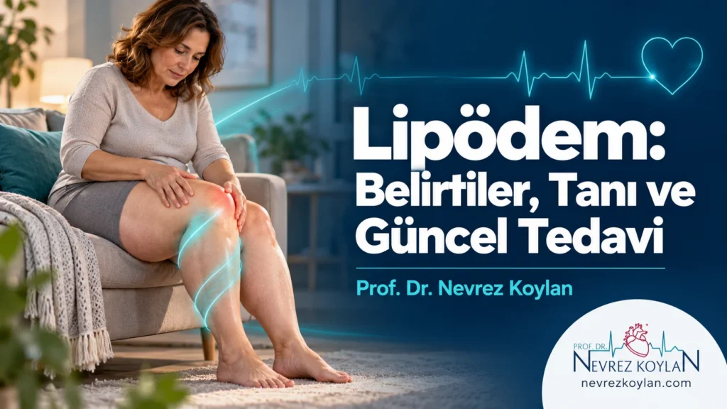 Lipödem belirtileri, tanısı ve güncel tedavi seçeneklerini anlatan kapak görseli: bacaklarındaki ağrılı bölgeye dokunan kadın ve kalbe uzanan EKG çizgisi