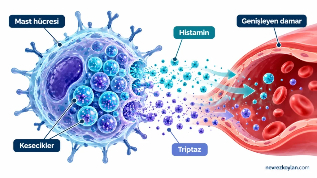 Mast hücresinin histamin ve triptaz içeren kesecikleri boşaltmasını gösteren illüstrasyon