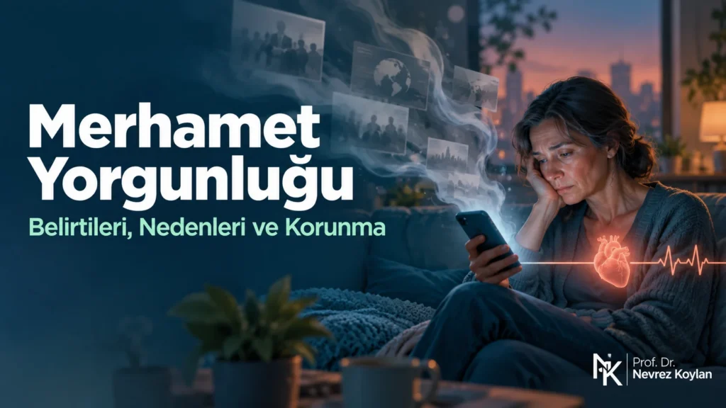 Merhamet yorgunluğu: akşam karanlığında telefon ışığı altında yorgun oturan bir kişi ve göğsünde sönükleşen kalp simgesi