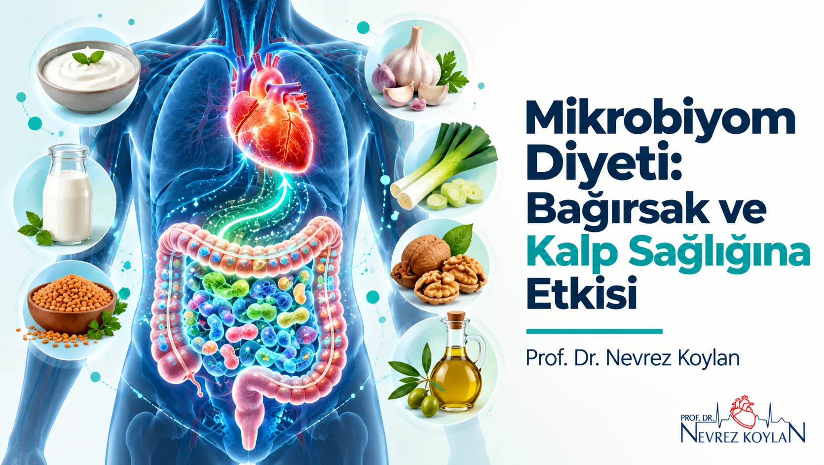Mikrobiyom diyeti kapak görseli: bağırsak bakterilerinden kalbe uzanan bağlantıyı ve yoğurt, kefir, mercimek, sarımsak gibi bağırsak dostu besinleri gösteren illüstrasyon