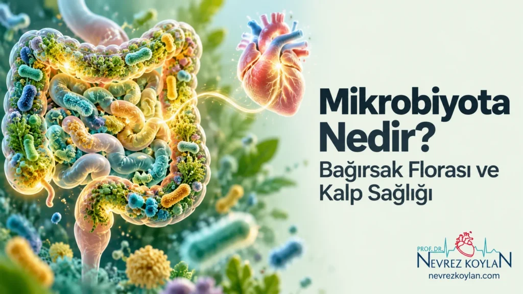 Bağırsak mikrobiyotasını renkli bakterilerle bir bahçe gibi gösteren ve kalple bağlantısını vurgulayan, "Mikrobiyota Nedir? Bağırsak Florası ve Kalp Sağlığı" başlıklı kapak görseli