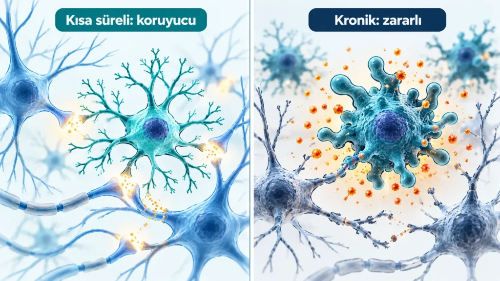 Beyindeki mikroglia hücrelerinin sakin ve aşırı uyarılmış hâllerini karşılaştıran nöroenflamasyon illüstrasyonu