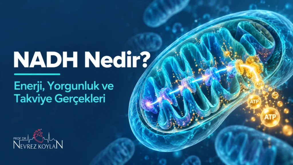 NADH nedir başlıklı kapak görseli: mitokondri içinde enerji üreten NADH molekülünün illüstrasyonu ve Prof. Dr. Nevrez Koylan logosu