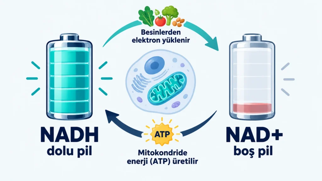 NADH ve NAD+ arasındaki dönüşümü dolu ve boş pil benzetmesiyle anlatan infografik