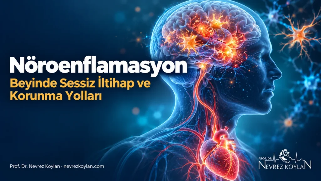 Nöroenflamasyon: beyinde aktive olmuş mikroglia hücreleri ve kalp ile beyni bağlayan damar ağı illüstrasyonu