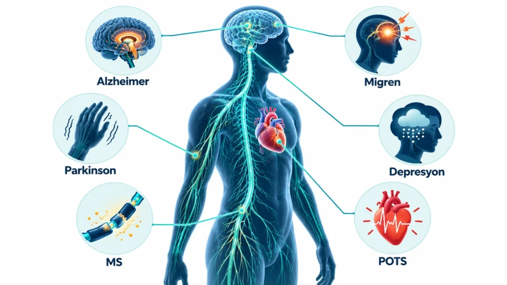 Alzheimer, Parkinson, MS, migren, POTS ve depresyonun nöroenflamasyonla bağlantısını gösteren insan silueti üzerinde hastalık haritası