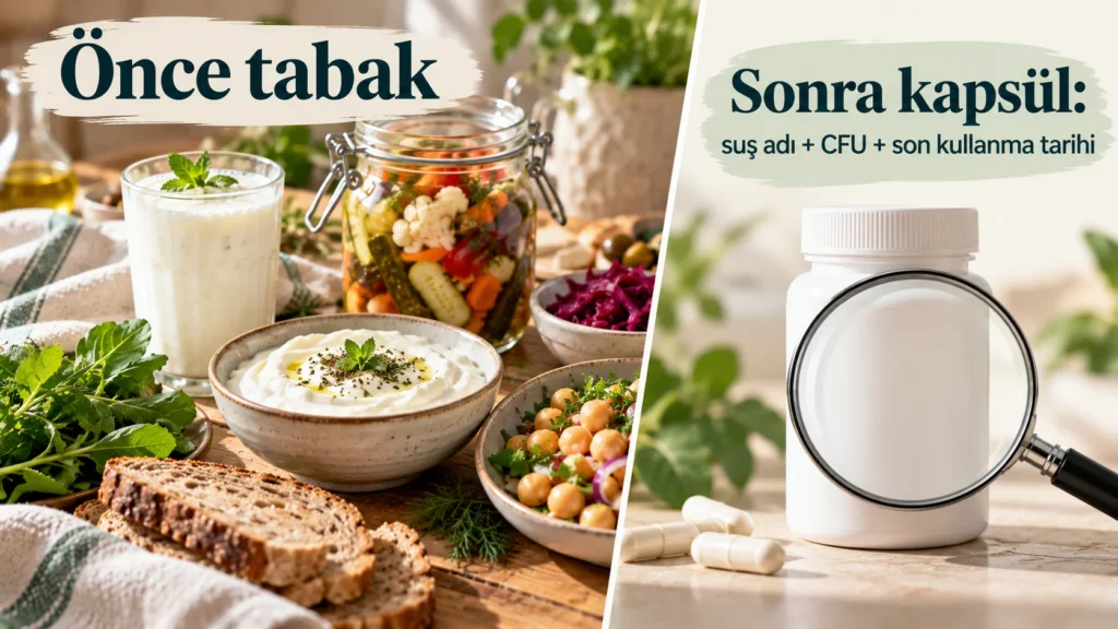Fermente gıdalar ve probiyotik takviye seçimi: yoğurt, kefir, turşu ve etiketinde suş adı ile CFU dozu görünen kapsül şişesi