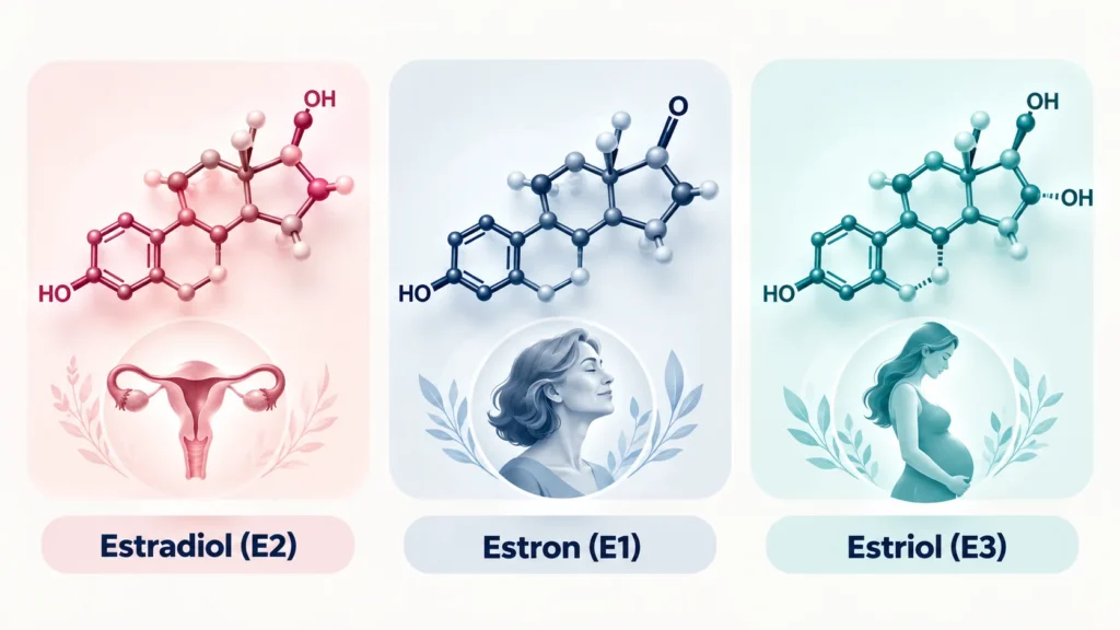 Östrojen türleri estradiol, estron ve estriolün yaşam dönemlerine göre karşılaştırmalı gösterimi