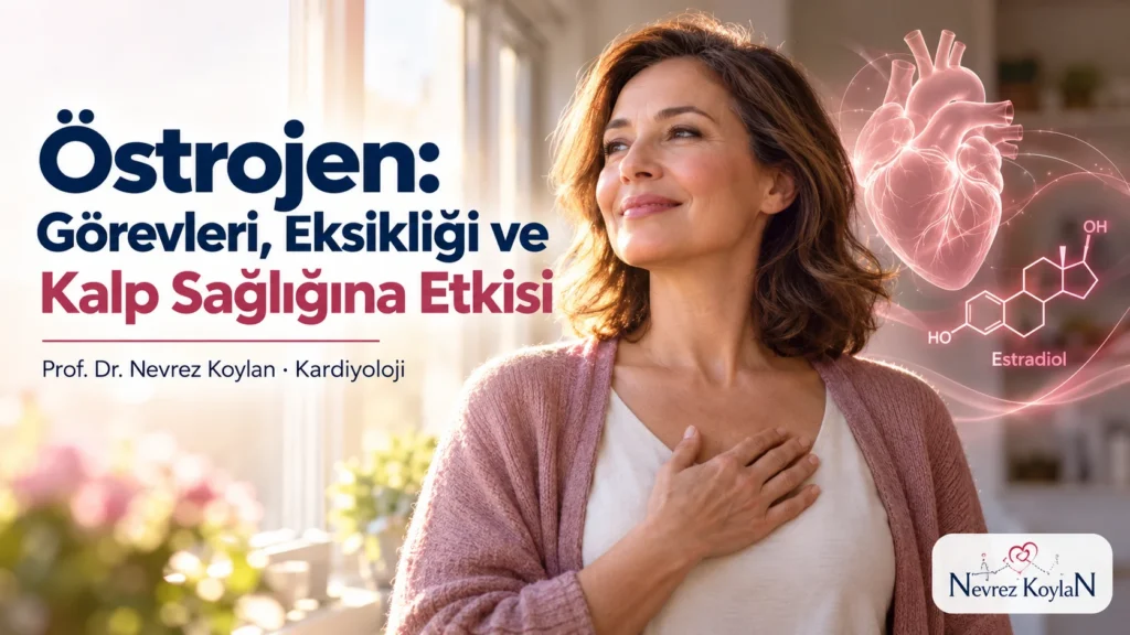 Östrojen hormonunun görevleri ve kalp sağlığına etkisini anlatan kapak görseli, menopoz dönemindeki gülümseyen kadın ve kalp simgesi