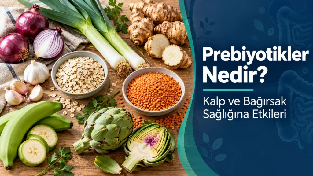 Prebiyotikler nedir başlıklı kapak görseli; soğan, sarımsak, pırasa, yer elması, muz, yulaf ve mercimek gibi prebiyotik besinler