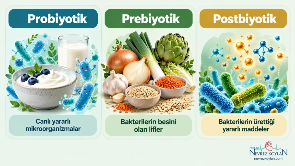Probiyotik, prebiyotik ve postbiyotik arasındaki farkı yoğurt, kefir, soğan, sarımsak, baklagil ve bakteri ürünleriyle gösteren karşılaştırmalı infografik