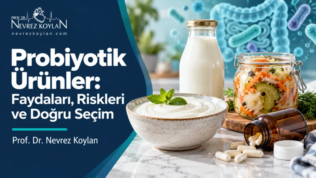 Probiyotik ürünler: yoğurt, kefir, turşu ve probiyotik kapsül şişesiyle faydalar ve riskleri anlatan kapak görseli