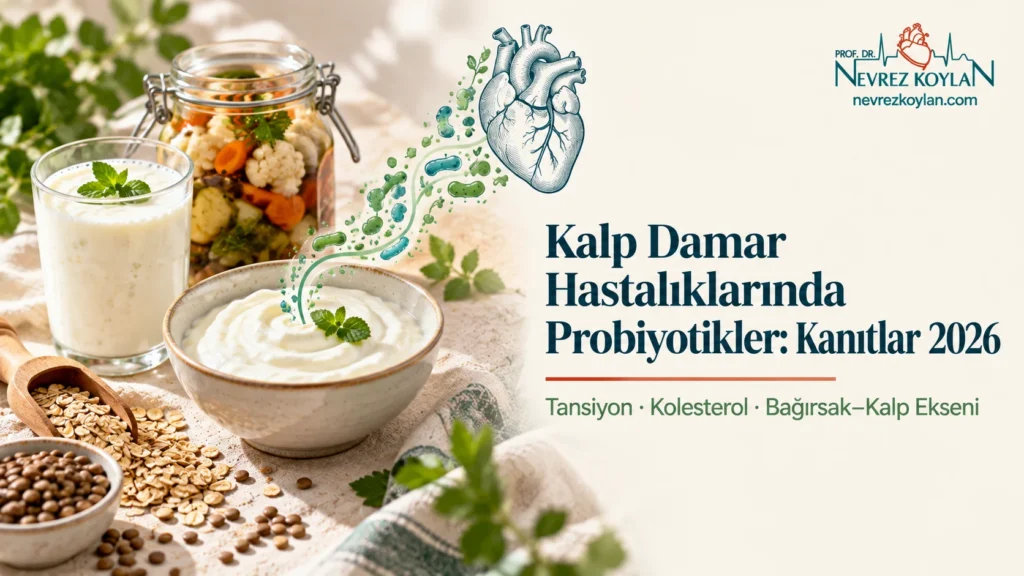Kalp damar hastalıklarında probiyotikler: kefir, yoğurt ve bağırsak bakterileriyle kalp arasındaki bağlantıyı gösteren kapak görseli