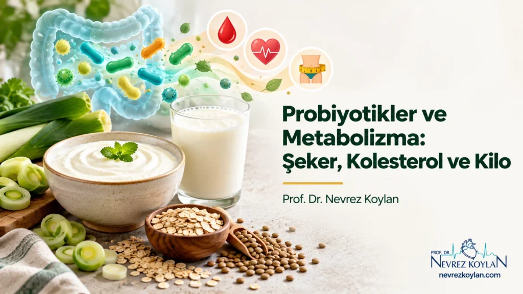 Yoğurt, kefir ve lifli besinlerin yanında kan şekeri, kalp ve bel ölçüsü simgelerine dönüşen bağırsak bakterileri; probiyotikler ve metabolizma kapak görseli
