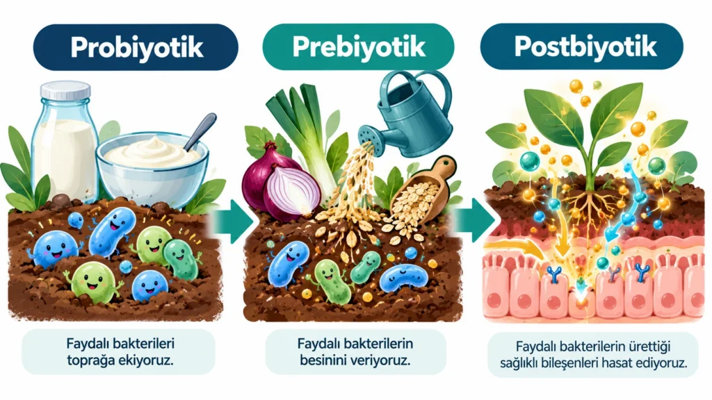Prebiyotik, probiyotik ve postbiyotik farkını bahçe benzetmesiyle anlatan infografik