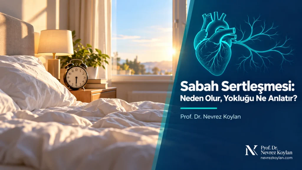 Sabah sertleşmesi ve kalp damar sağlığı ilişkisini anlatan, sabah ışığında yatak odası ve kalp-damar ikonu içeren kapak görseli
