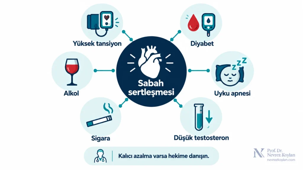 Sabah sertleşmesinin azalmasına yol açabilen yüksek tansiyon, diyabet, uyku apnesi, düşük testosteron, sigara ve alkol etkenlerini gösteren infografik