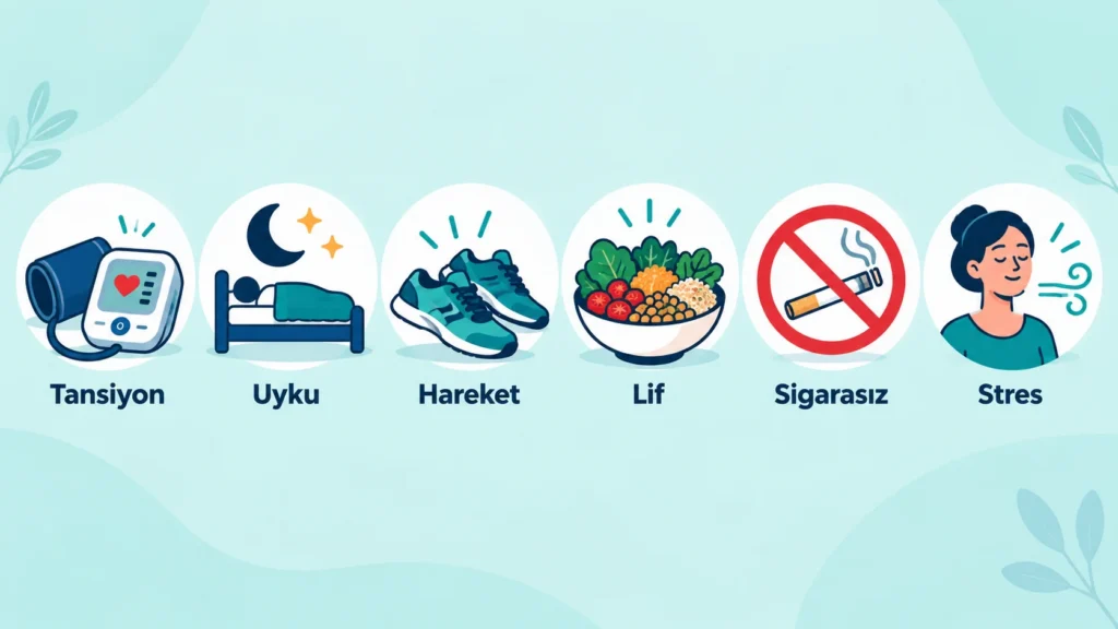 eyni ve kalbi koruyan günlük alışkanlıklar: tansiyon ölçümü, uyku, egzersiz, lifli beslenme