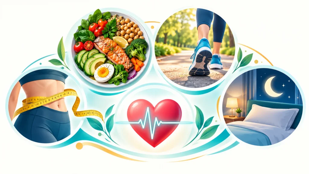 Leptin direncini azaltmaya yardımcı sağlıklı beslenme, düzenli yürüyüş, kaliteli uyku ve bel çevresi takibini simgeleyen illüstrasyon