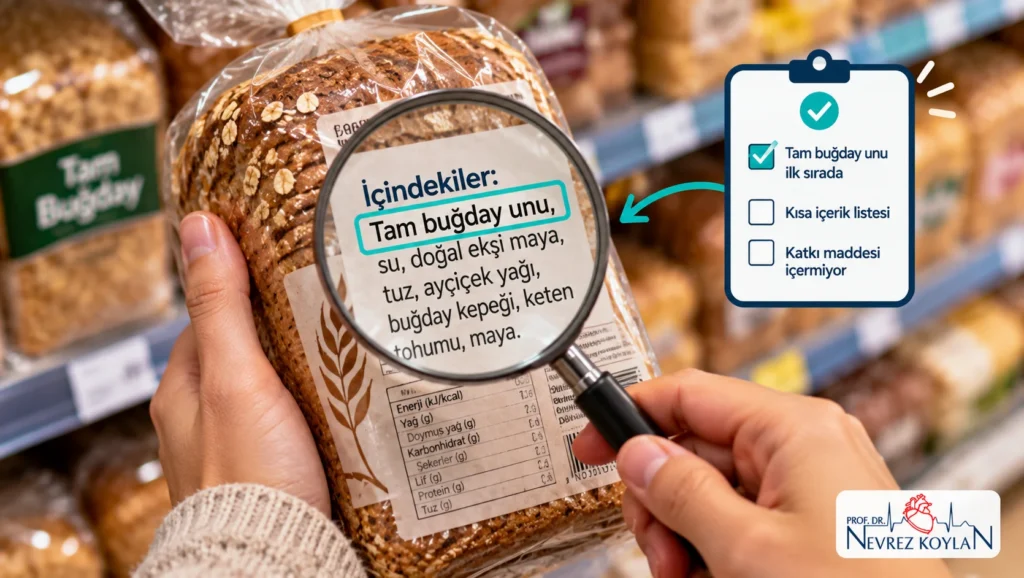Ekmek paketindeki içindekiler listesinde ilk sırada tam buğday unu olup olmadığını kontrol eden el