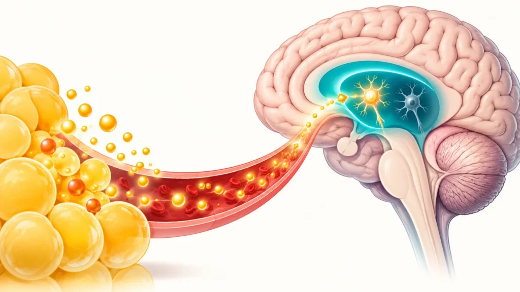 Leptin hormonunun yağ hücrelerinden kan yoluyla beyindeki hipotalamusa ulaşarak tokluk sinyali vermesini gösteren illüstrasyon