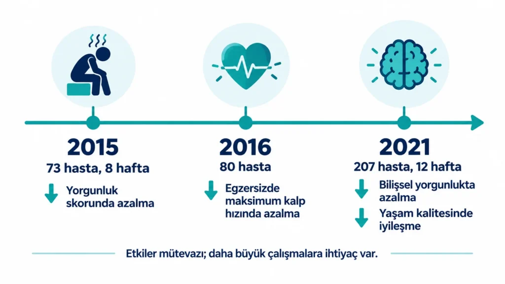 Kronik yorgunluk sendromunda koenzim Q10 ve NADH takviyesiyle yapılan üç klinik çalışmayı özetleyen zaman çizelgesi