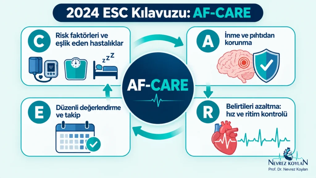 Atriyal fibrilasyon tedavisinde 2024 ESC kılavuzunun AF-CARE yaklaşımı: risk faktörleri, inmeden korunma, hız ve ritim kontrolü, düzenli takip