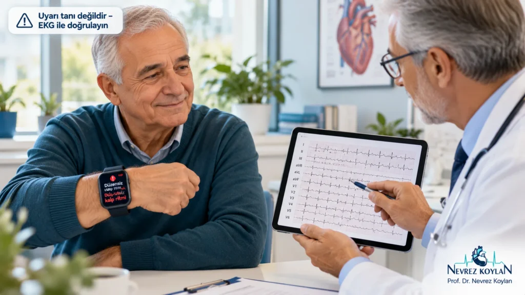 Atriyal fibrilasyon tanısı: akıllı saatinde düzensiz ritim uyarısı alan hasta ve EKG kaydını açıklayan kardiyolog