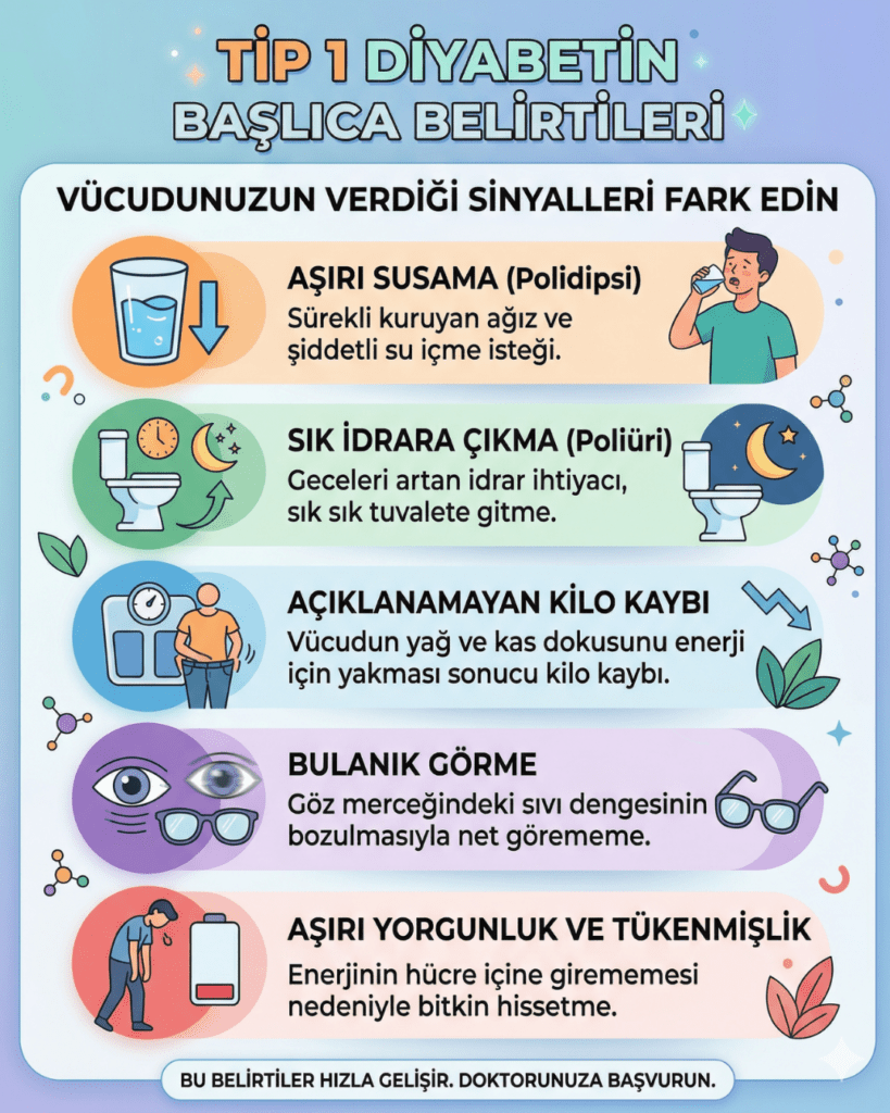 Tip 1 diyabetin başlıca belirtilerini gösteren infografik: Aşırı susama (polidipsi), sık idrara çıkma (poliüri), açıklanamayan kilo kaybı, bulanık görme ve aşırı yorgunluk hissi. Vücudun verdiği erken uyarı sinyalleri ve tıbbi açıklamaları.