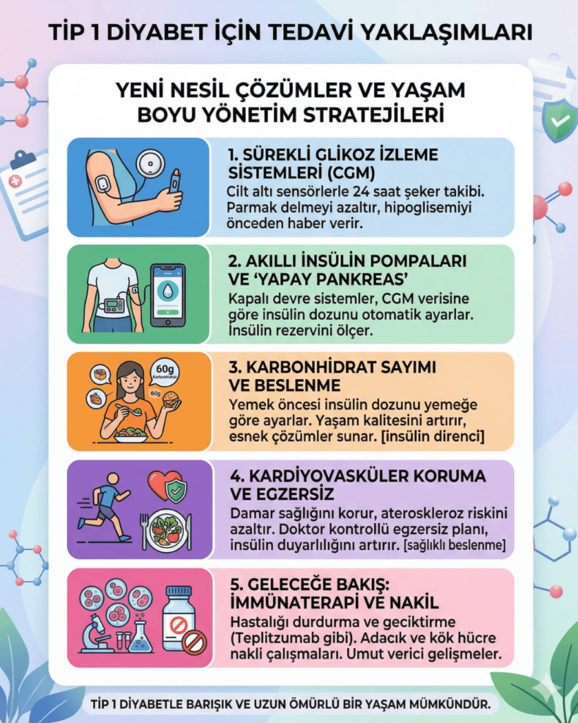 Tip 1 diyabet için yeni nesil tedavi yaklaşımları ve yaşam boyu yönetim stratejilerini içeren infografik. Görselde yer alan 5 ana başlık:

Sürekli Glikoz İzleme Sistemleri (CGM): Cilt altı sensörlerle 24 saat şeker takibi ve hipoglisemi uyarısı.

Akıllı İnsülin Pompaları ve Yapay Pankreas: CGM verisine göre otomatik insülin dozu ayarlayan kapalı devre sistemler.

Karbonhidrat Sayımı ve Beslenme: Yemek öncesi insülin dozunu gıdaya göre ayarlama ve yaşam kalitesini artırma.

Kardiyovasküler Koruma ve Egzersiz: Damar sağlığını korumak, ateroskleroz riskini azaltmak ve insülin duyarlılığını artırmak için doktor kontrollü aktivite.

Geleceğe Bakış (İmmünoterapi ve Nakil): Hastalığı durdurmaya yönelik Teplitzumab gibi tedaviler ile adacık ve kök hücre nakli çalışmaları.