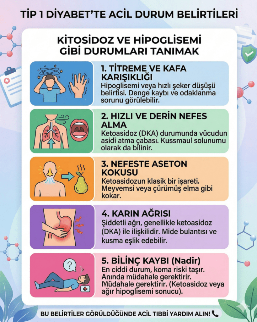 Tip 1 diyabetin oluşum sürecini açıklayan eğitici infografik. Görselde şu aşamalar yer almaktadır:

Otoimmün Saldırı: Bağışıklık sisteminin pankreastaki beta hücrelerini yok etmesi.

İnsülin Eksikliği: Beta hücreleri yok olunca insülin hormonunun üretilememesi.

Yüksek Kan Şekeri: İnsülin olmadığı için şekerin hücrelere giremeyip kanda birikmesi (Hiperglisemi) ve belirtilerin (aşırı susama, sık idrara çıkma, kilo kaybı) ortaya çıkması.

Diyabetik Ketoasidoz (DKA) Riski: Vücudun enerji için yağları yakmasıyla kanda keton birikmesi ve tehlikeli durum oluşması.

Yaşam Boyu Yönetim: Düzenli insülin tedavisi, teknolojik araçlar ve sağlıklı beslenme ile hastalığın yönetilmesi.