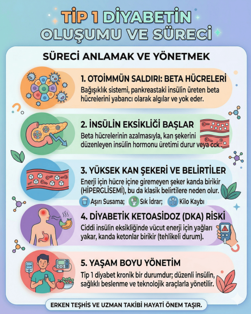 Tip 1 diyabette acil durum belirtilerini (ketoasidoz ve hipoglisemi) gösteren eğitici infografik. Görselde şu aşamalar yer almaktadır:

Titreme ve Kafa Karışıklığı: Hipoglisemi (hızlı şeker düşüşü) nedeniyle denge kaybı ve odaklanma sorunu.

Hızlı ve Derin Nefes Alma: Ketoasidoz (DKA) durumunda vücudun asidi atma çabası (Kussmaul solunumu).

Nefeste Aseton Kokusu: Ketoasidozun klasik işareti olarak meyvemsi veya çürümüş elma kokusu.

Karın Ağrısı: Şiddetli ağrı, genellikle ketoasidoz (DKA) ile ilişkilidir, mide bulantısı ve kusma eşlik edebilir.

Bilinç Kaybı (Nadir): En ciddi durum, koma riski taşır; anında müdahale gerektirir.
Alt kısımda "BU BELİRTİLER GÖRÜLDÜĞÜNDE ACİL TIBBİ YARDIM ALIN!" uyarısı ve telefon simgesi yer almaktadır.

Otoimmün Saldırı: Bağışıklık sisteminin pankreastaki beta hücrelerini yok etmesi.

İnsülin Eksikliği: Beta hücreleri yok olunca insülin hormonunun üretilememesi.

Yüksek Kan Şekeri: İnsülin olmadığı için şekerin hücrelere giremeyip kanda birikmesi (Hiperglisemi) ve belirtilerin (aşırı susama, sık idrara çıkma, kilo kaybı) ortaya çıkması.

Diyabetik Ketoasidoz (DKA) Riski: Vücudun enerji için yağları yakmasıyla kanda keton birikmesi ve tehlikeli durum oluşması.

Yaşam Boyu Yönetim: Düzenli insülin tedavisi, teknolojik araçlar ve sağlıklı beslenme ile hastalığın yönetilmesi.