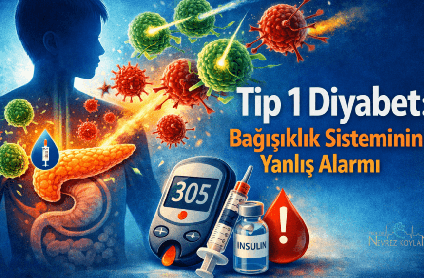 Tip 1 diyabeti anlatan bu kapak görselinde, bir çocuğun yarı saydam vücudu içinde pankreasın bağışıklık hücreleri tarafından saldırıya uğradığı görülüyor. Etrafında kırmızı ve yeşil renkte tasvir edilen bağışıklık hücreleri pankreasa yönelmişken, ön planda yüksek kan şekeri değeri (305) gösteren bir glukometre, insülin enjektörü ve insülin flakonu yer alıyor. Görsel, bağışıklık sisteminin yanlışlıkla pankreasa saldırmasını simgeleyen dramatik bir anlatım sunuyor.