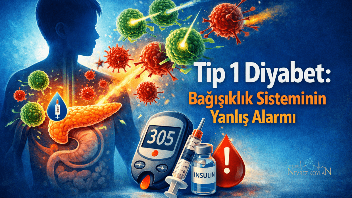 Tip 1 diyabeti anlatan bu kapak görselinde, bir çocuğun yarı saydam vücudu içinde pankreasın bağışıklık hücreleri tarafından saldırıya uğradığı görülüyor. Etrafında kırmızı ve yeşil renkte tasvir edilen bağışıklık hücreleri pankreasa yönelmişken, ön planda yüksek kan şekeri değeri (305) gösteren bir glukometre, insülin enjektörü ve insülin flakonu yer alıyor. Görsel, bağışıklık sisteminin yanlışlıkla pankreasa saldırmasını simgeleyen dramatik bir anlatım sunuyor.